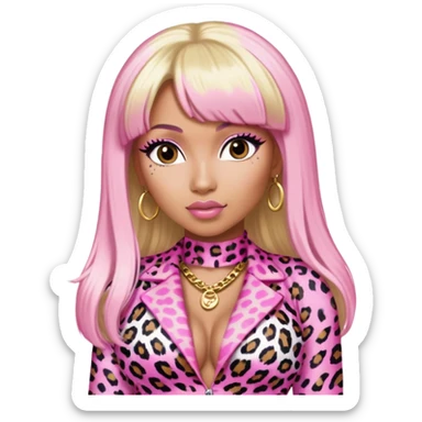 Nicki Minaj in pink and white leopard print outfit with half blonde half pink hair, blonde on left side, pink on right side, with bangs sticker