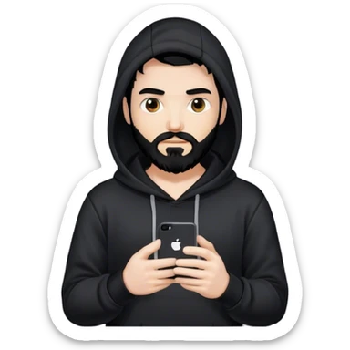 hackeur blanc cheveux noir barbe et capuche noir avec un iphone sticker