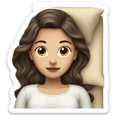 white girl with long dark brown hair in a bed with beige comforter sticker
