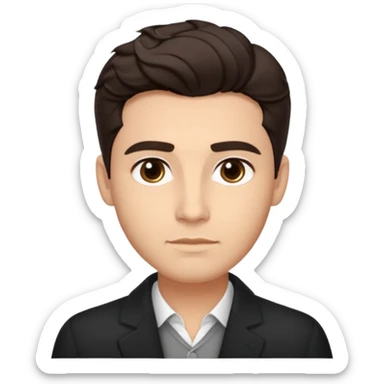 He’s a man with light to medium skin, a defined oval face, full brows, deep-set eyes, and wavy short dark brown hair styled with height, sides are trimmed. expression calm and focused relaxed black open-collar .polished, articulate, and coach vibe. sticker