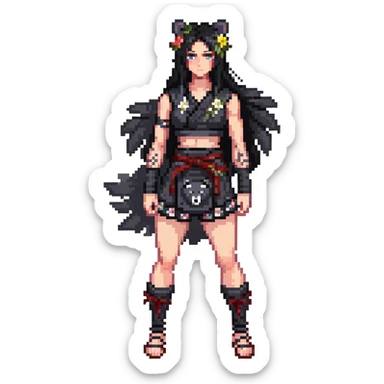 gothic female fighter with long flowing black hair, sharp intense eyes, small black bear ears, sleeveless black ritual robe top, gray combat shorts with dark floral pattern sticker
