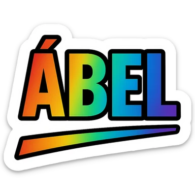 Ábel name in masculine, modern gradient font with precise Hungarian characters, dark outline, extra thick, prominent white letter border, dynamic slanted underline, rainbow gradient colors, 1000x1000 px, PNG, transparent background sticker