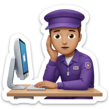 emoji of a man sitting at the table with an imac on it, a man is sitting in a very thoughtful pose, he has his hands on the table and his head resting on themб he look into the screen of imac, he is dressed in FedEx uniform with a cap sticker