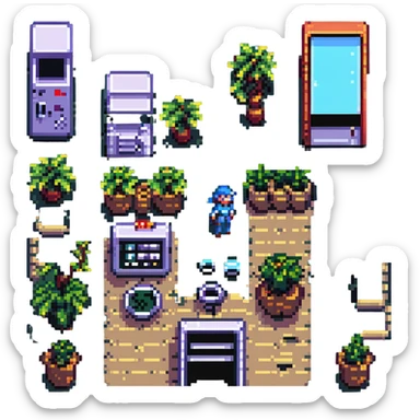 8-bit NES game mockup, pixel art style, side-scrolling level with a hero, enemies, and coins sticker