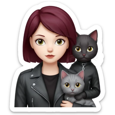 femme  yeux gris, cheveux court bordeaux, cuir noir, avec chat poils longs gris clair et chat poils ras noirs sticker