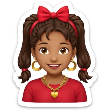 Brownskin girl dark brown hair fluffy. pigtails with red bows brown eyes smiling closed mouth red shirt gold esrrings gold necklace sticker