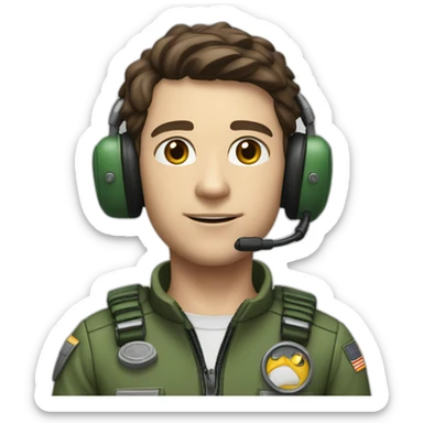 A young white male tennager with a thin face with dark brown hair and brown eyes in a pilot suit and wearing a green Pilot headset sticker