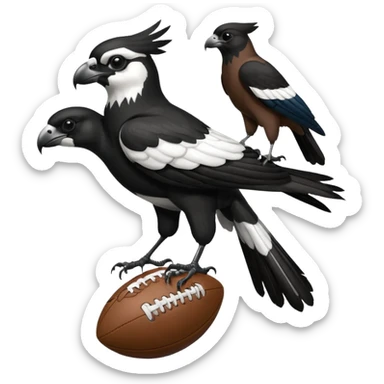 A magpie standing on top of a hawk that's tiered and the magpies holding a afl ball sticker