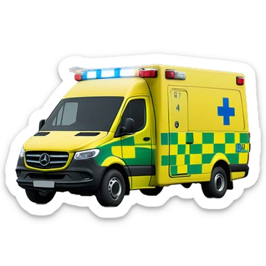 NHS Mercedez sprinter ambulance, yellow body, with green and yellow checkerboard strip along the bottom. NHS logo on the side. Blue flashing light strip on top sticker