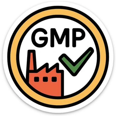 GMP supplement label icon, circular badge with the letters 'GMP', a checkmark, and a factory outline, clear and official style sticker