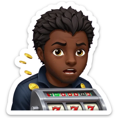 disheveled Black Panther losing money at a slot machine, panicked face, coins flying sticker