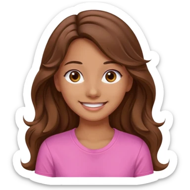 A pretty girl with tan skin and long wavy hair, wearing a pink basic shirt with brown eyes sticker