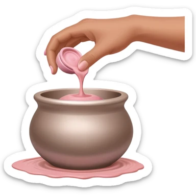 single hand caught mid-action of throwing a pink clay blob that is already placed on a silver pottery wheel sticker
