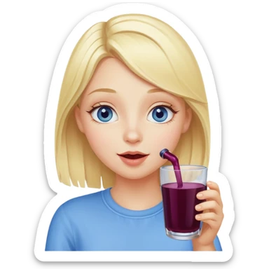 blonde girl with blue eyes sipping elderberry juice, cheerful expression sticker