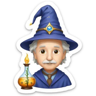 Albert Einstein, wearing wizard hat custome, with glass vase sticker