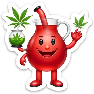 Kool-Aid Man pitcher character with legs and arms holding a bong and a prominent cannabis leaf sticker