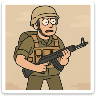 cartoon style soldier with gun, chest rig, backpack, and helmet sticker