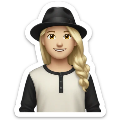 Neutral smile white teenager, with short blond hair wearing a small black fedora hat, and a black adidas long sleeve sweater sticker