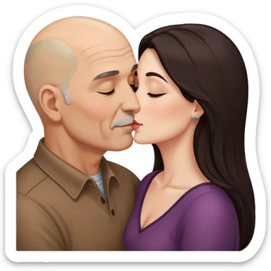 Beautiful woman with long dark hair, kissing a older Hispanic  bald man sticker