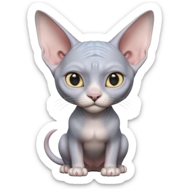 A 3D cartoon silver-gray Sphynx cat with smooth skin, gentle expression, elegant pastel lighting, cinematic Memoji rendering. full body or half body. sticker