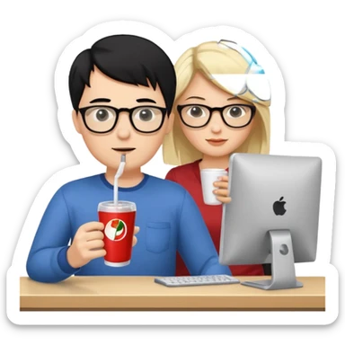 Hombre blanco con gafas, pelo negro tomando un refresco frente a un ordenador con ropa de sport, en la pantalla del ordenador una mujer rubia tomando café sticker
