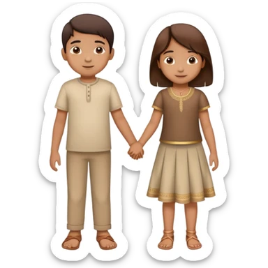 two Indian children (boy and girl) holding hands, boy lighter brown, girl medium brown, both age 5-6, simple background sticker