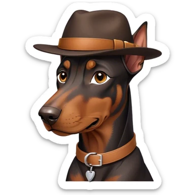 Doberman wearing a hat and a collar with 7/97 on it sticker