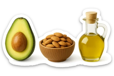 AVOCADO, BOWL DI MANDORLE E OLIO DI OLIVA, iperrealistico 4k, ISOLATA SU SFONDO BIANCO sticker