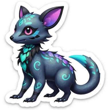 Rare neon iridescent white exotic cute epic aesthetic gothic colorful Salandit-Eevee-Civet-species-Fakemon-hybrid-creature, with intricate tattoo markings, full body sticker