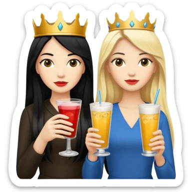 Two queens with long black hair and blonde drink sticker