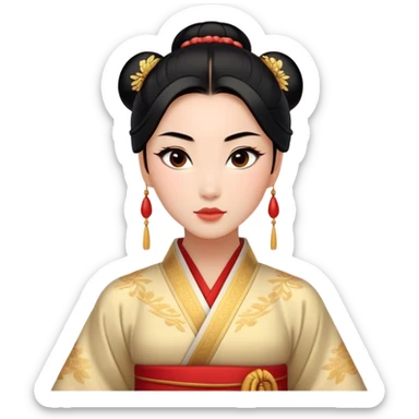 Cinematic Realistic Noble Mulan Portrait, depicted with lifelike, warm light-toned skin that reveals subtle texture and natural shadows. Her sleek black hair is intricately styled into a traditional bun with every strand rendered in exquisite detail, and her almond-shaped eyes, full of quiet resolve, are softly illuminated. She wears a meticulously detailed traditional robe with delicate red and gold accents, its rich fabric textures and gentle folds catching the light beautifully. The portrait radiates a natural, enchanting glow, capturing Mulan’s inner strength and timeless grace in a realistically painterly style. sticker