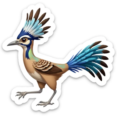 realistic roadrunner bird emoji, running with long feathered tail pointed down and back, actual colors sticker