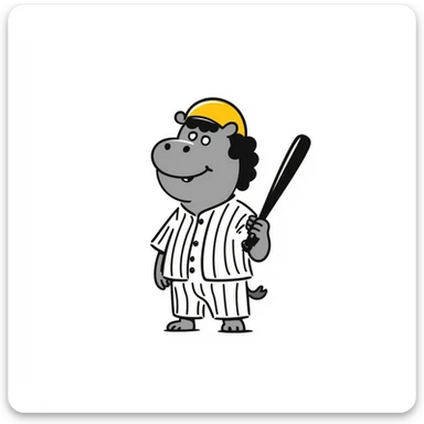 hippo holding a baseball bat, wearing a yellow helmet, pinstripes outfit sticker