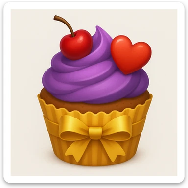 Add a gold ribbon and a heart-shaped candy to the cupcake with purple frosting and a cherry on top in emoji style. sticker