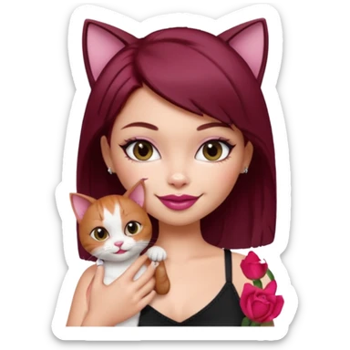 generate a pretty bratz girl with short dark red hair holding a cat smiling. Wearing a black cami sticker