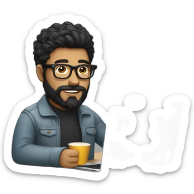 Designer with black hair, beard and glasses working with MacBook and drinking cappuccino  sticker