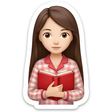 Миловидная девушка брюнетка с длинными  волосами, карими глазами в пижаме с книгой. Картинка должна были в цветах: бежевый, бледно красный и коричневый, белый sticker