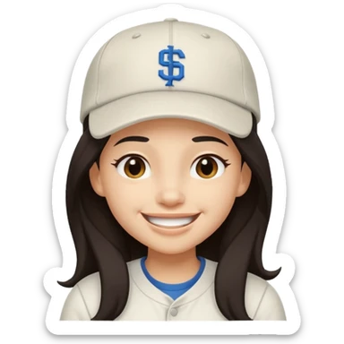 Digital illustration of a cartoon character with a big smile on its face and winking. The character has long dark hair and is wearing a white baseball cap and casual clothes. The overall style of the illustration is cute and playful. sticker