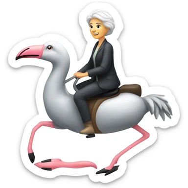 Older caucasian, gray hair,  woman riding flamingo sticker