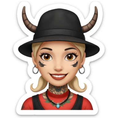 Woman with small horns — black hat, face tattoos sticker
