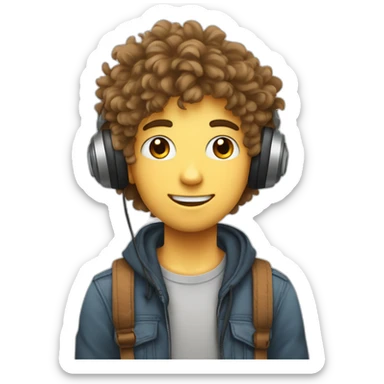 Adolescent garçon avec des cheveux bouclés et unCasque de musique avec des oreilles de chat dessus sticker