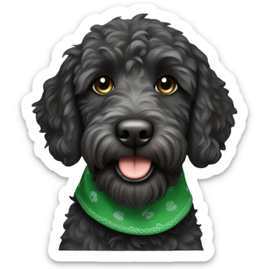 mini black labradoodle dog with green bandana around neck sticker