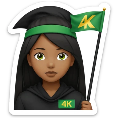 Black girl with straight hair with a green flag on her head that says 4kt on top of it with all black clothes on  sticker