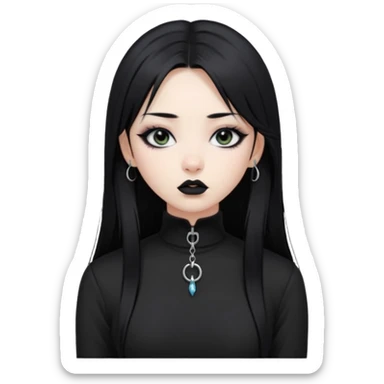 goth Asian girl, straight long black hair, vertical labret lip piercing, black mock neck shirt sticker
