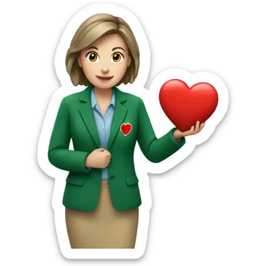 A European female teacher in a green jacket holds a heart in her hands sticker