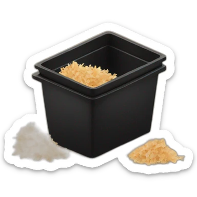 Black cubic plastic container with wood shavings inside sticker