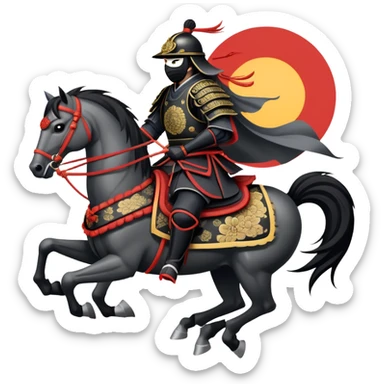 clash-of-clans-aesthetic_-cinematic-fearsome-and-majestic-samurai-bust-portrait-emoji, rendered in a flat, vector-style with minimal shading and bold, simplified shapes typical of emoji art, depicting a battle-hardened samurai with black mask and traditional black Japanese armor. The samurai is riding a noble grey warhorse adorned with an intricately designed saddle and fluttering banners and a rising sun. a samurai riding on a  horse zoomed in sticker