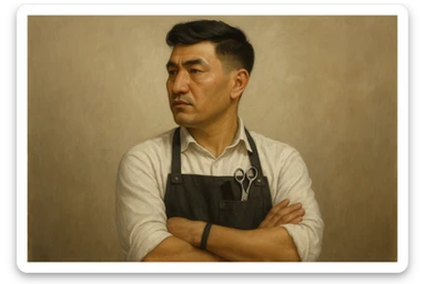 shu pozada turgan faqat o'ng tarafga qarab turgan sartarosh ustani tasvirlab ber realistik uslubda yoshi kattaroq soqol shart emas va uzbekistonlik erkak soch turmagi ham boshqacharoq bo'laversin sticker