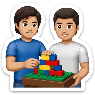 Handsome young man with dark hair built a little heavy like a football player sits with his young fiancé was cascading dark brown hair, putting together Legos sticker