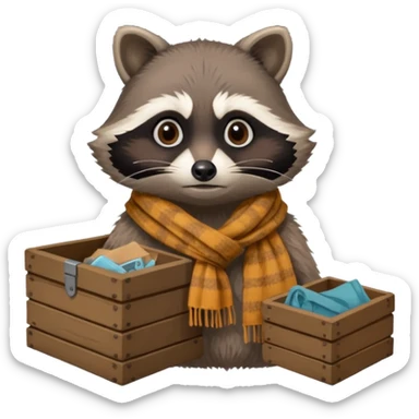 A raccoon with worn-out scarf, sitting next to a tiny box of collected belongings, staring curiously with round sad eyes.
 sticker